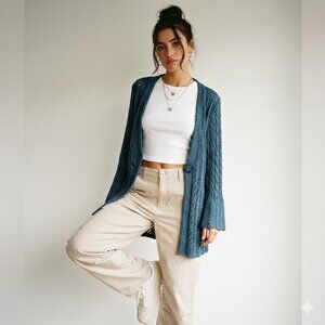 Susan Bristol Textured Knit Cardigan Sweater | Blue | L